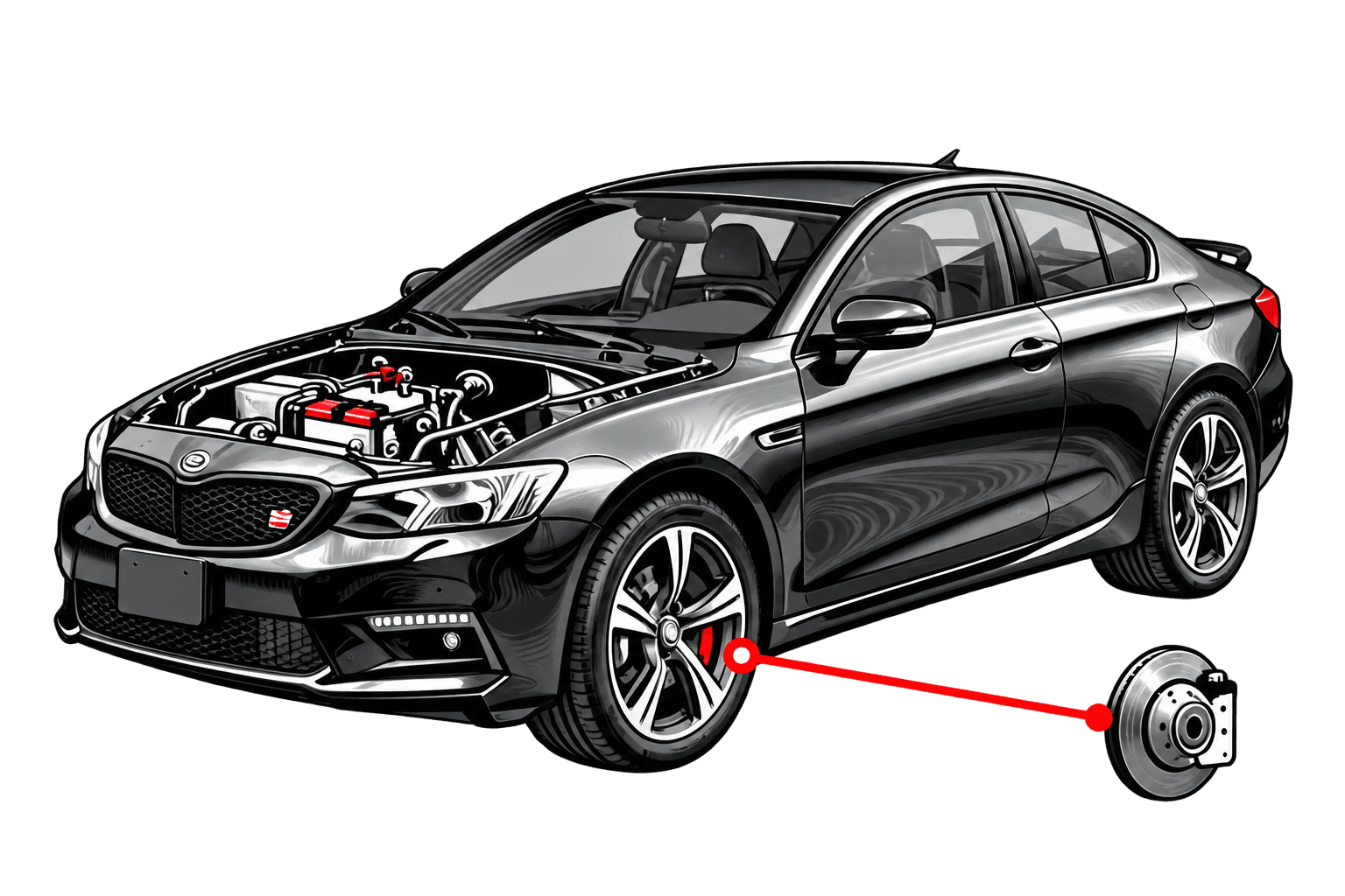 Illustrated black sedan with its engine exposed and a brake disc highlighted in red
